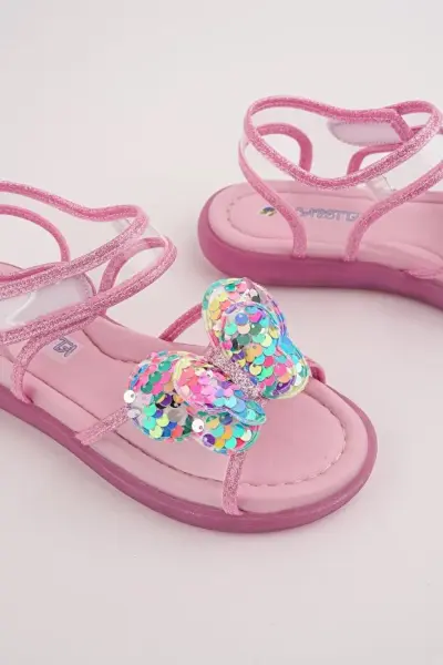 Y-2603 Kız Çocuk Işıklı ve Payetli Kelebekli Spor Sandalet Pembe - 27