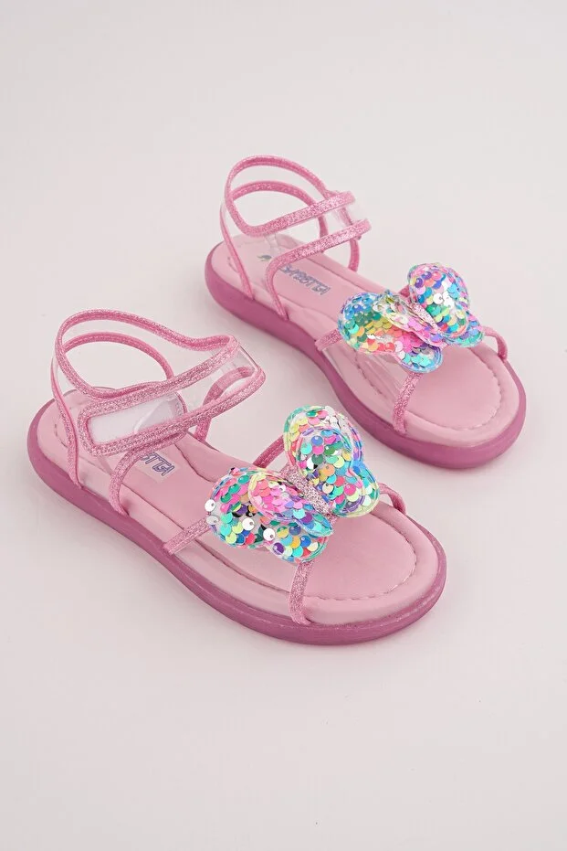Y-2603 Kız Çocuk Işıklı ve Payetli Kelebekli Spor Sandalet Pembe - 32