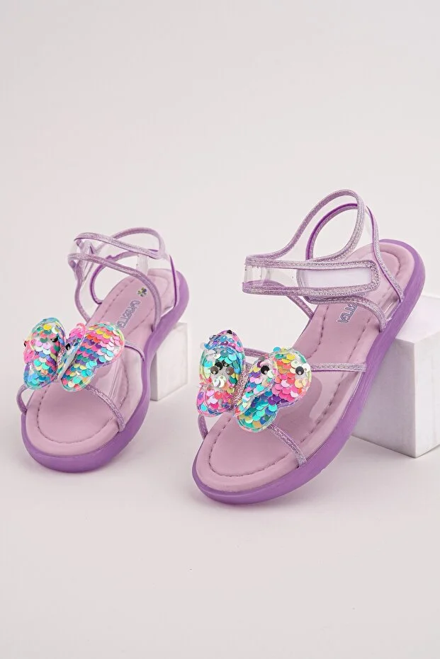 Y-2603 Kız Çocuk Işıklı ve Payetli Kelebekli Spor Sandalet Lila - 27