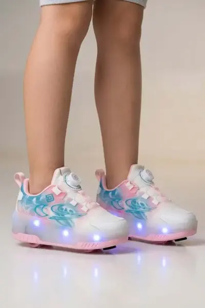 P.2227 Led Işıklı Akıllı Bağcıklı Patenli Spor Ayakkabı Beyaz-Pembe - 32