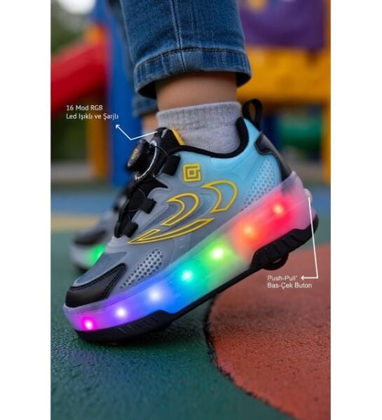 P.2227 Led Işıklı Akıllı Bağcıklı Patenli Spor Ayakkabı SİYAH-MAVİ - 34
