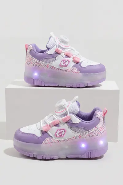 A.9625 Led Işıklı Tekerlekli Çocuk Patenli Spor Ayakkabı Lila - 32