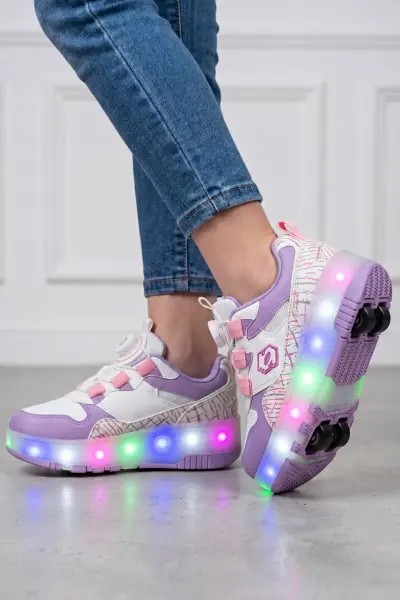A.9625 Led Işıklı Tekerlekli Çocuk Patenli Spor Ayakkabı Lila - 33