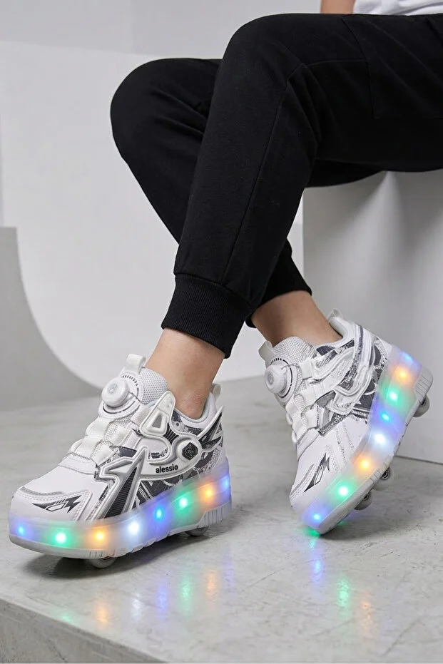 A.9626 Led Işıklı Çocuk Patenli Spor Ayakkabı Beyaz - 32