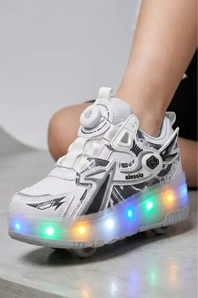 A.9626 Led Işıklı Çocuk Patenli Spor Ayakkabı Beyaz - 34