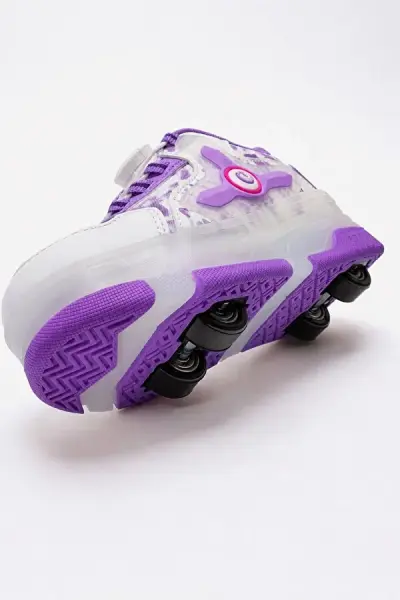 Akıllı Bağcıklı LED Işıklı Çocuk Patenli Spor Ayakkabı BEYAZ-LİLA - 36